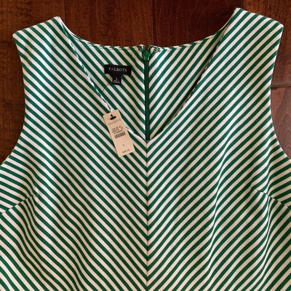 Talbots Green and White Striped V-Neck Sleeveless Dress